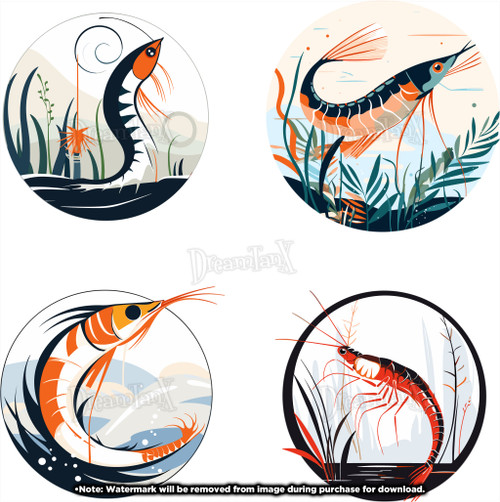 Shrimp: Delectable and succulent shrimp illustrations, perfect for seafood enthusiasts - Set Of 4.
