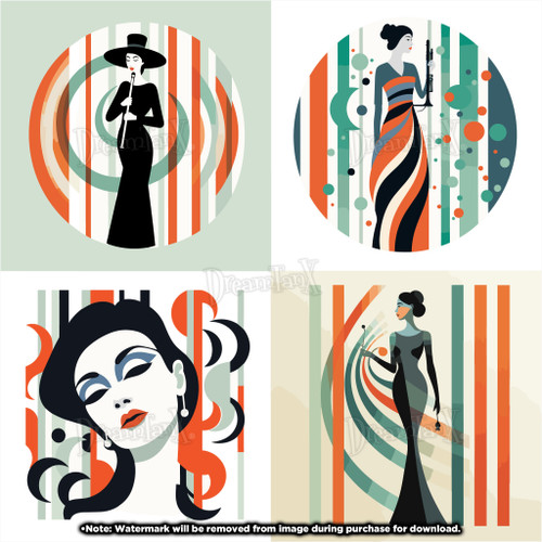 Stylish Woman: Elegant and chic woman illustrations, exuding sophistication and style - Set Of 4.