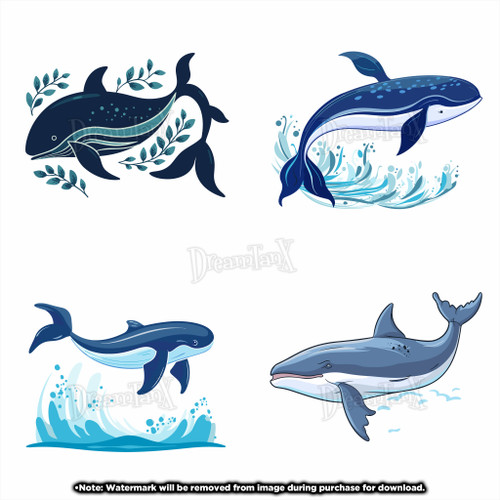 Whales: Enormous and magnificent whale illustrations, symbolizing strength and harmony with nature - Set Of 4.