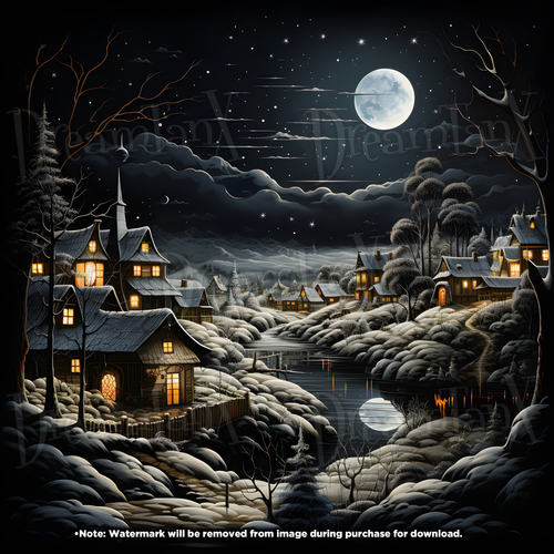 Snowy Serenade: Moonlit Folk-art Town in a Snowy Night