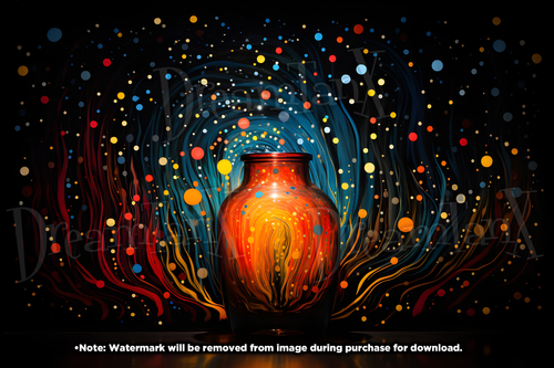 Luminous Splendor: Glass Backlit Orange Jar with Colorful Swirls and Dots