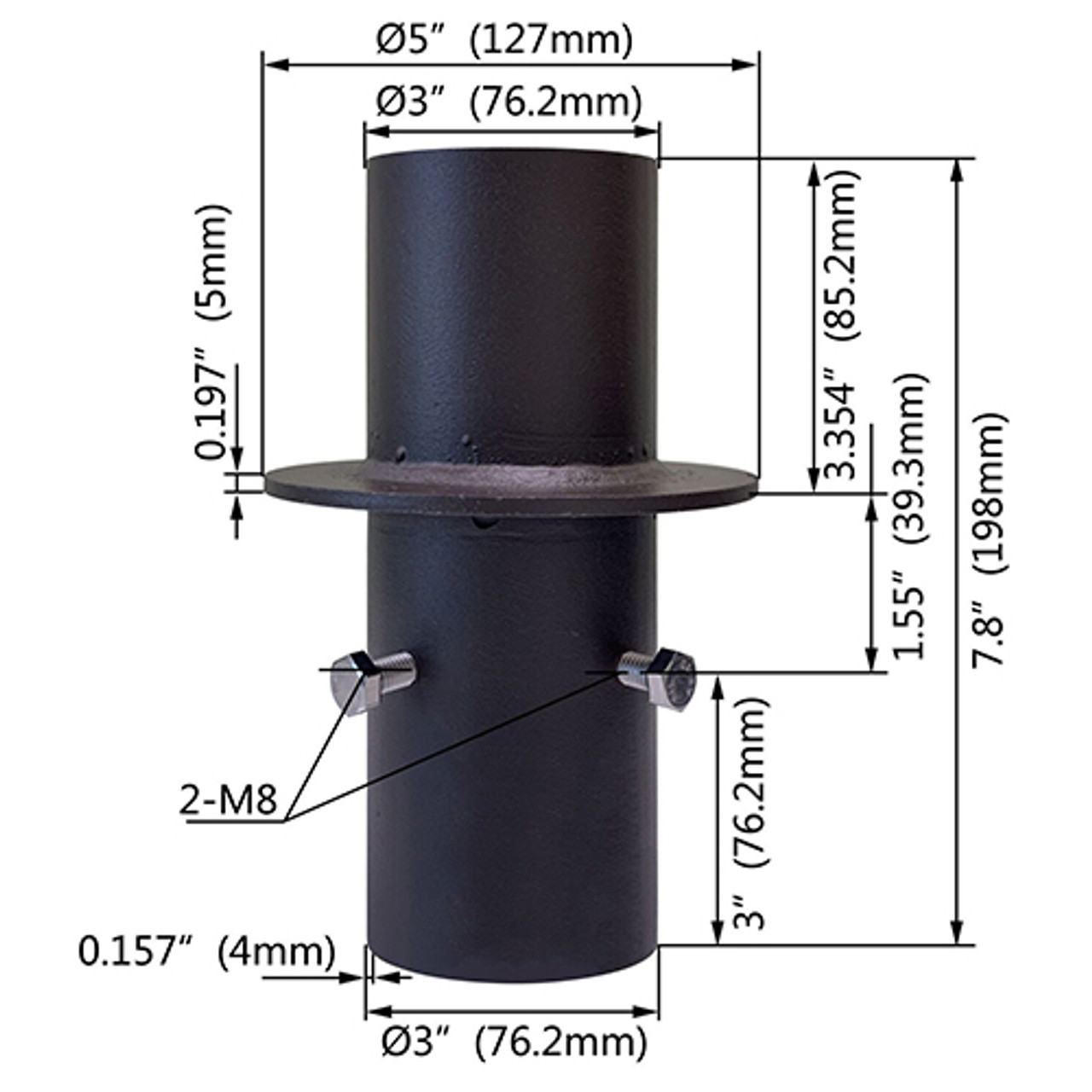 Round Pole Insert Adaptor 5 inch to 3 inch Tenon Dimensions