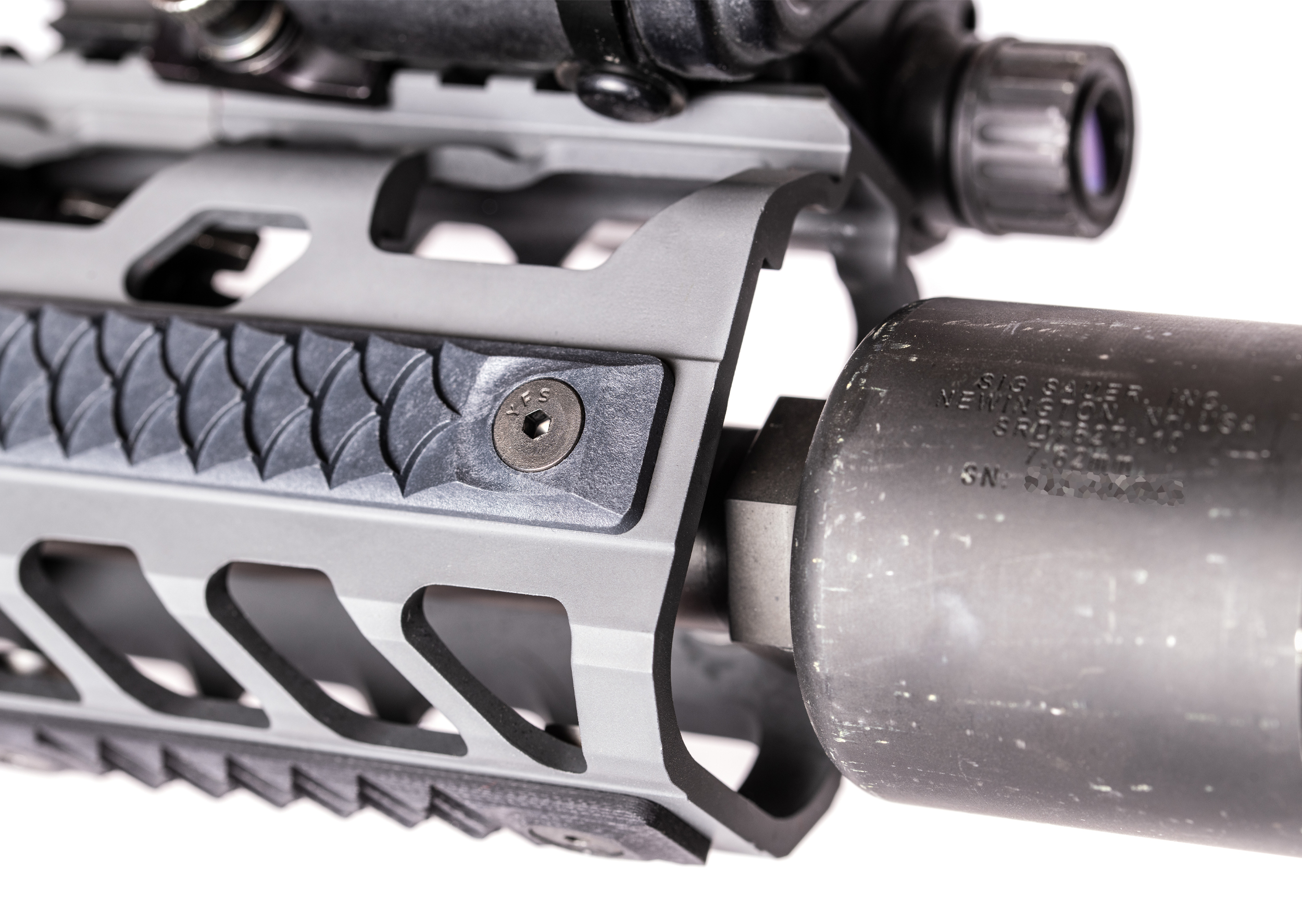 RailScales HTP polymer MLOK dragon scales in sniper Grey on Sig MCX Virtus with SRD762ti-10 