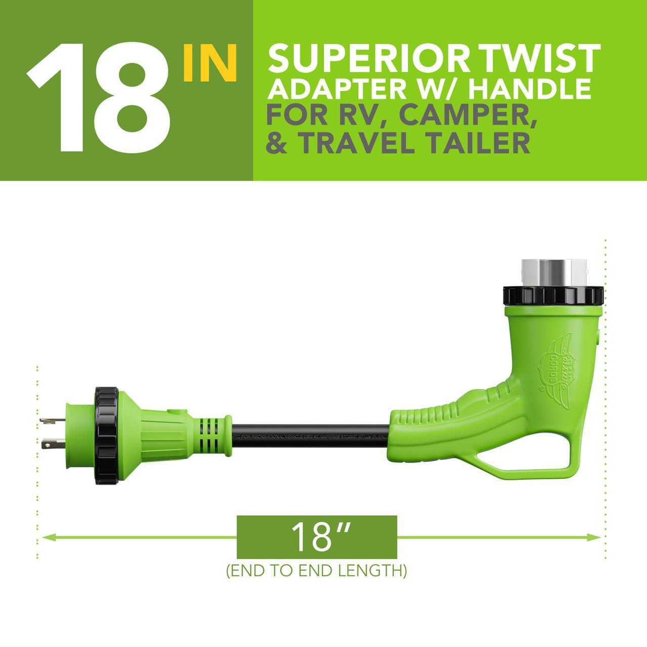  Leisure Cords 18" 50 Amp RV 90-Degree Dogbone Adapter - 30 Amp L5-30P Male to SS2-50R Female Twist Lock with Included Coupler Adapter (30 Amp Male Twist - 50 Amp Female Twist) 