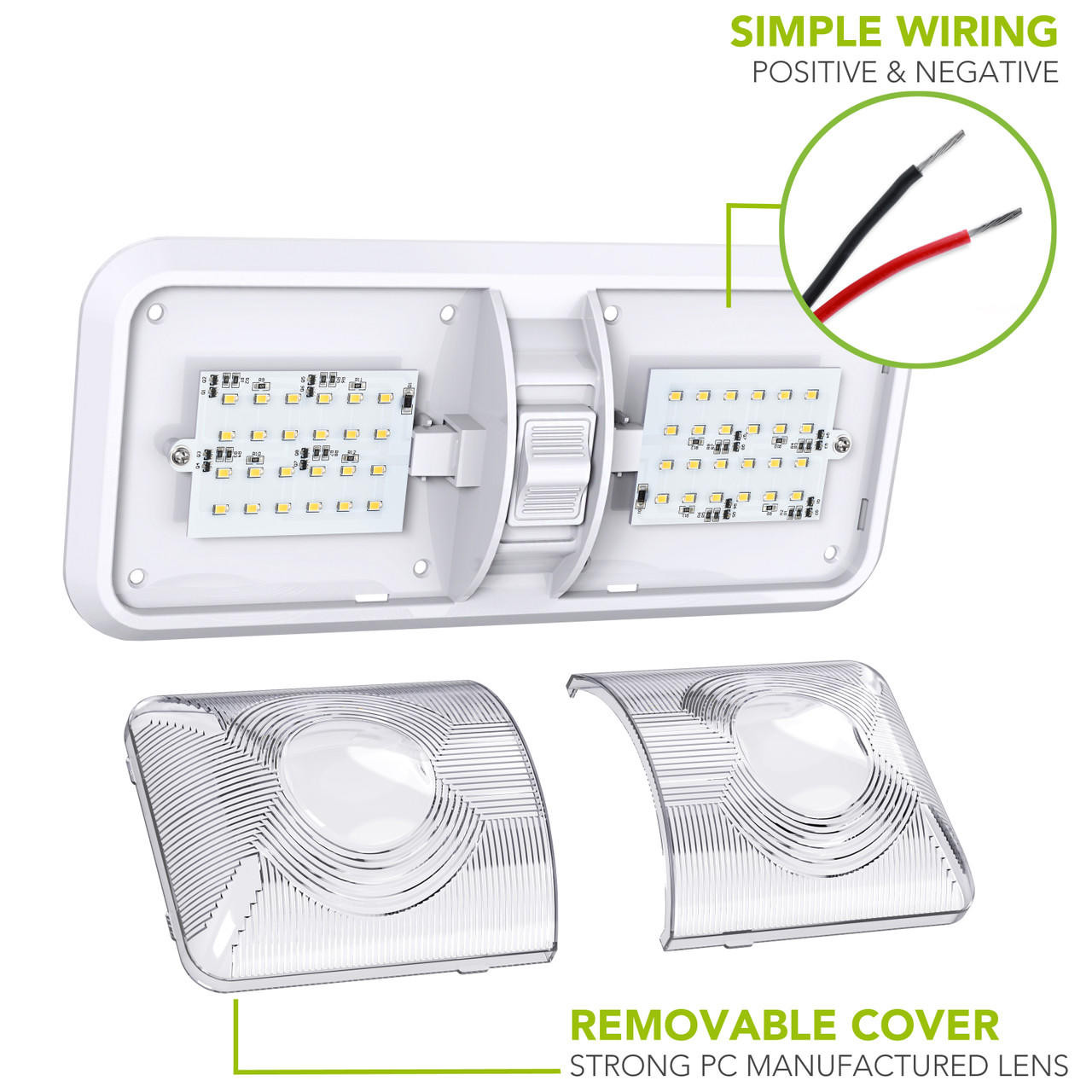 Leisure LED RV LED Ceiling Double Dome Interior Light Fixture with ON/Off  Switch Natural White 4000-4500K 48-2835SMD