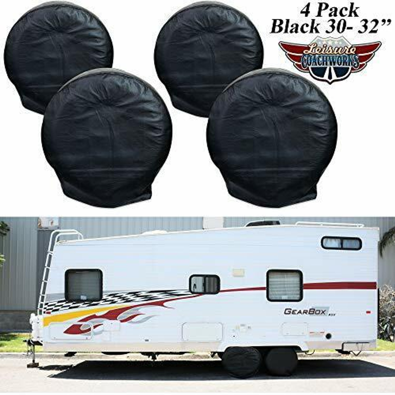 Leisure Coachworks Tire Covers for RV Wheel Set of 4 Motorhome Wheel Covers Waterproof Oxford Cotton Tire Protectors Tire Covers Fits 30 - 32 Tire Diameters