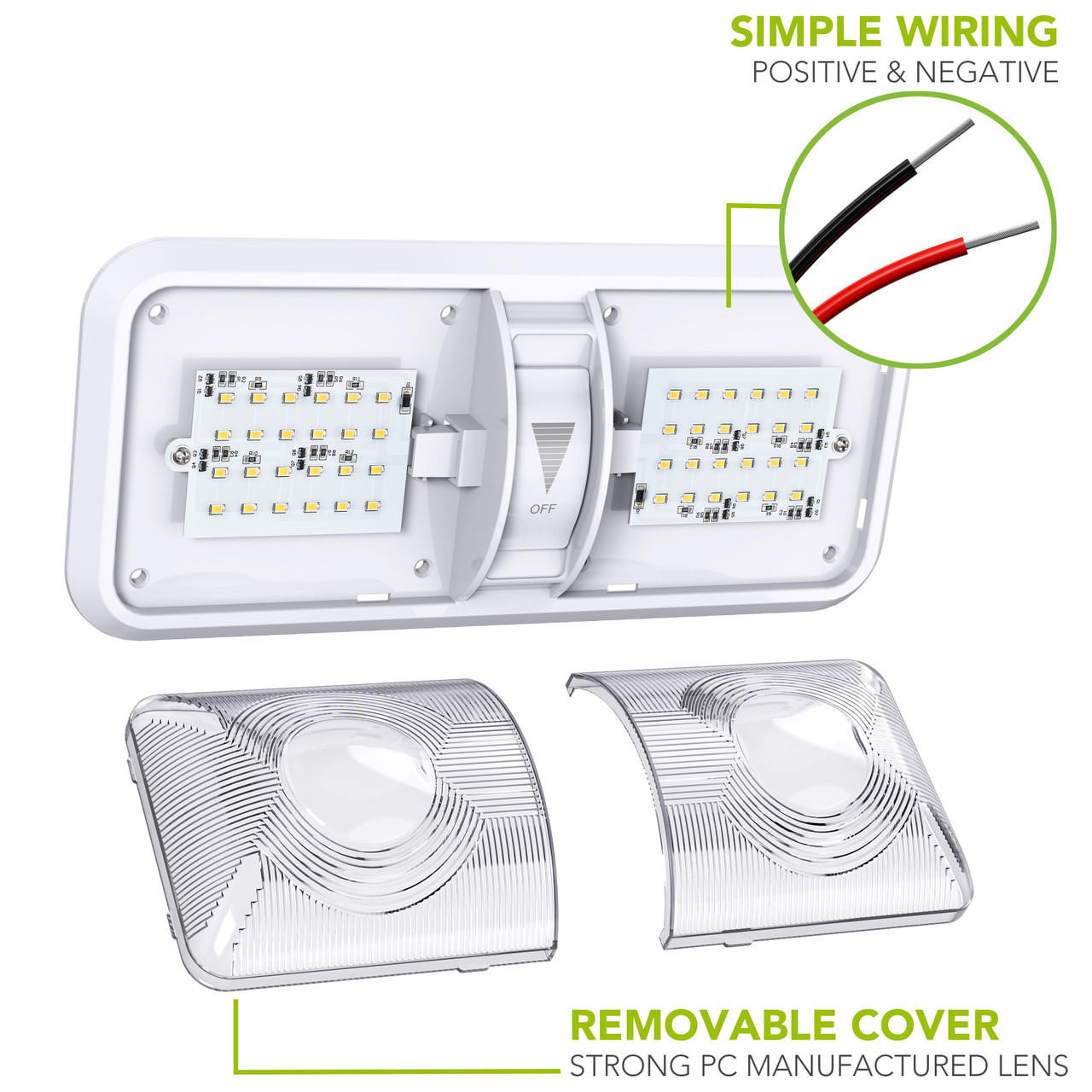Leisure LED RV LED Ceiling Double Dome Light Fixture with Dimmer Switch Interior Lighting for Car/RV/Trailer/Camper/Boat DC 12V 550 Lumens Natural White 4000-4500K 