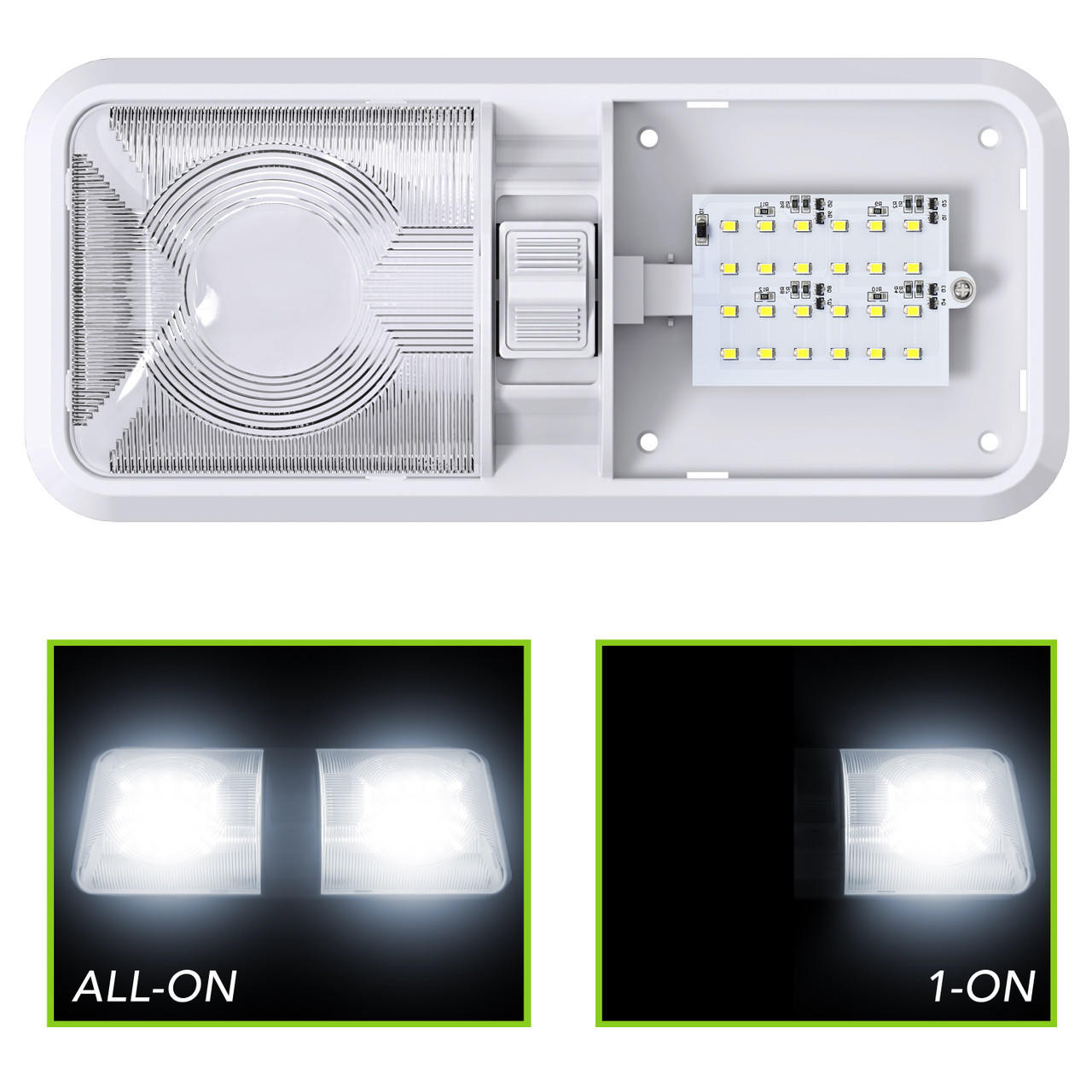 Leisure LED RV LED Ceiling Double Dome Interior Light Fixture with ON/Off  Switch Cool White 6000-6500K 48-2835SMD