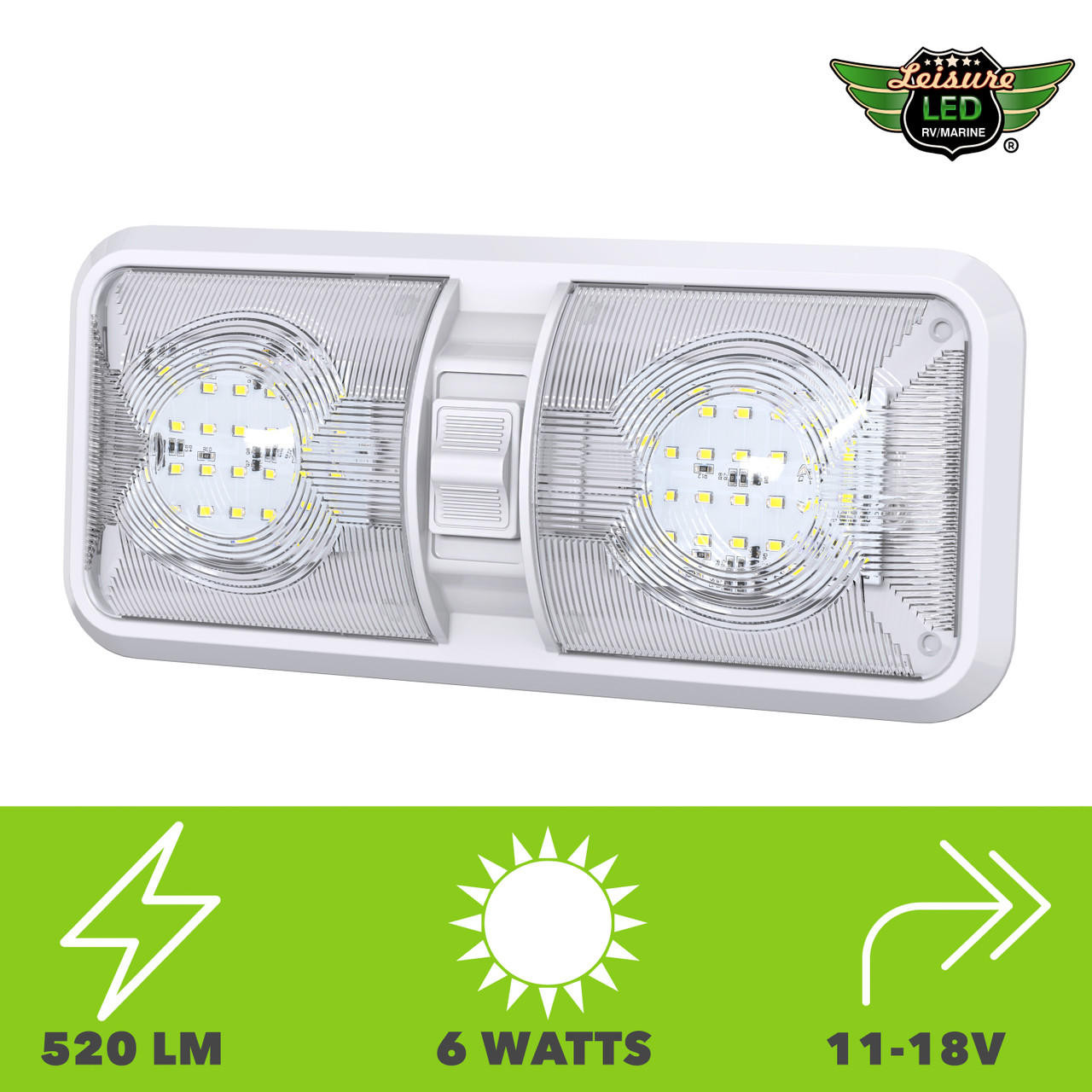 Leisure LED RV LED Ceiling Double Dome Interior Light Fixture with ON/Off  Switch Cool White 6000-6500K 48-2835SMD