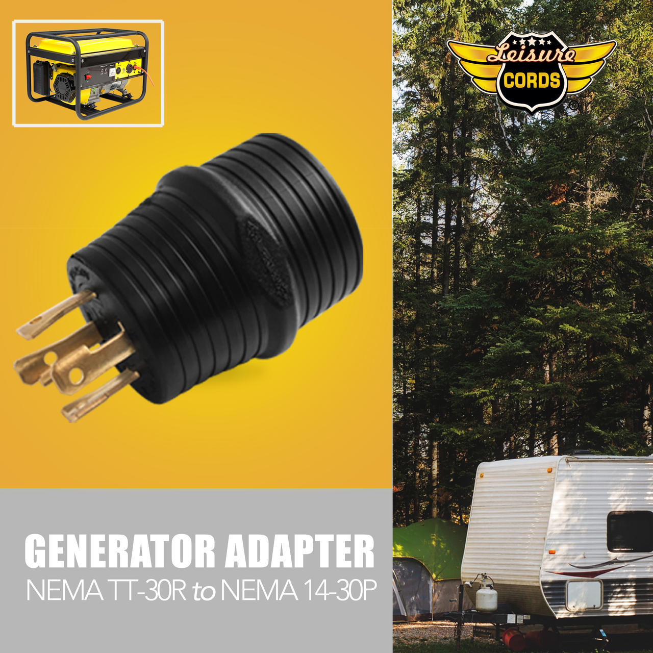 Leisure Cords Gen RV 30AMP Locking 4P Generator To Standard RV Adapter Plug