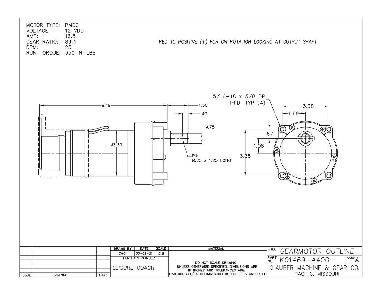 Klauber RV Slide Out Motor K01469-A400 KLAUBER Slide Motor Replaces K01265-M400, Lippert, Power Gear 