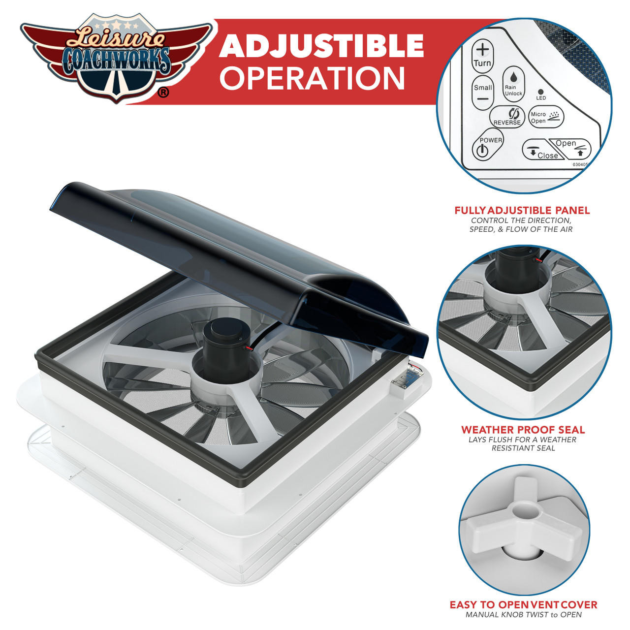 14 X 14 RV Roof Vent 2-Way 6 Speed Fan With Powered Riser Rain Sensor Led  Remote And Smoked Lid