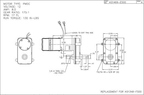 Klauber RV Slide Out Motor K01469E500 Direct Manufacturer's Replacement For K01348F500, Klauber Motor Replacing K01348F500, EQ 70314 