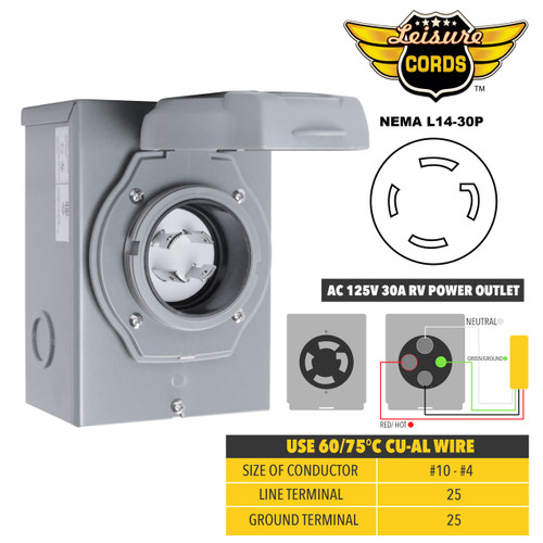 Leisure Cords 30 Amp Generator Power Inlet Box NEMA L14-30P 120 Volt ETL Listed