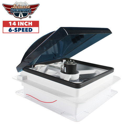Leisure Coachworks 14 X 14 RV Roof Vent 2-Way 6 Speed Fan with Manual Riser And Smoked Lid Leisure Coachworks 14 X 14 RV Roof Vent 2-Way 6 Speed Fan with Manual Riser And Smoked Lid