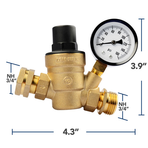 Leisure Coachworks RV Camper Water Pressure Regulator Brass LEAD FREE Adjustable Pressure Gauge