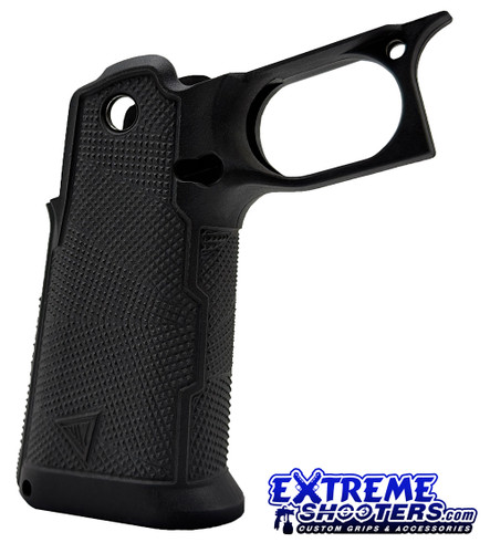 Black, cnc textured, aggressive textured, MJD solutions Villain 2011 grip, front view.