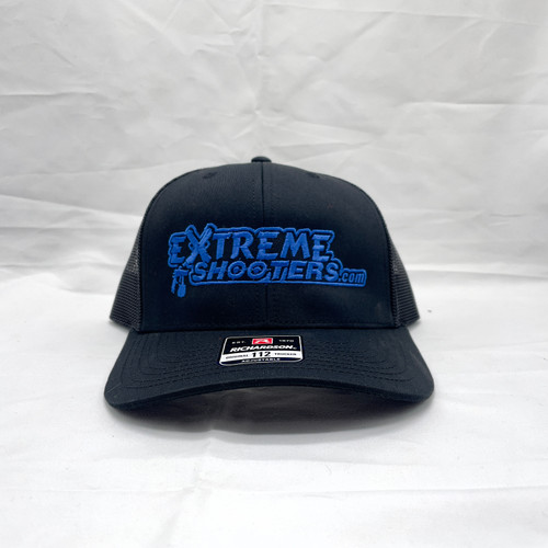 Front of Richardson 112 hat with blue Extreme Shooters embroidery.