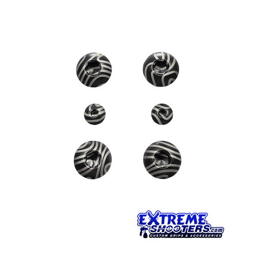 Cover photo of our new topographical  pattern grip screw kit. Features a black nitride base and fiber lasered topo pattern that has been scaled to the screws.