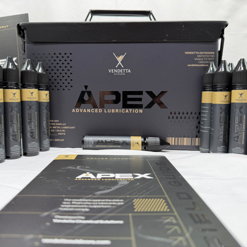APEX gun oil bottles displayed with cleaning mat by Vendetta Outdoors.