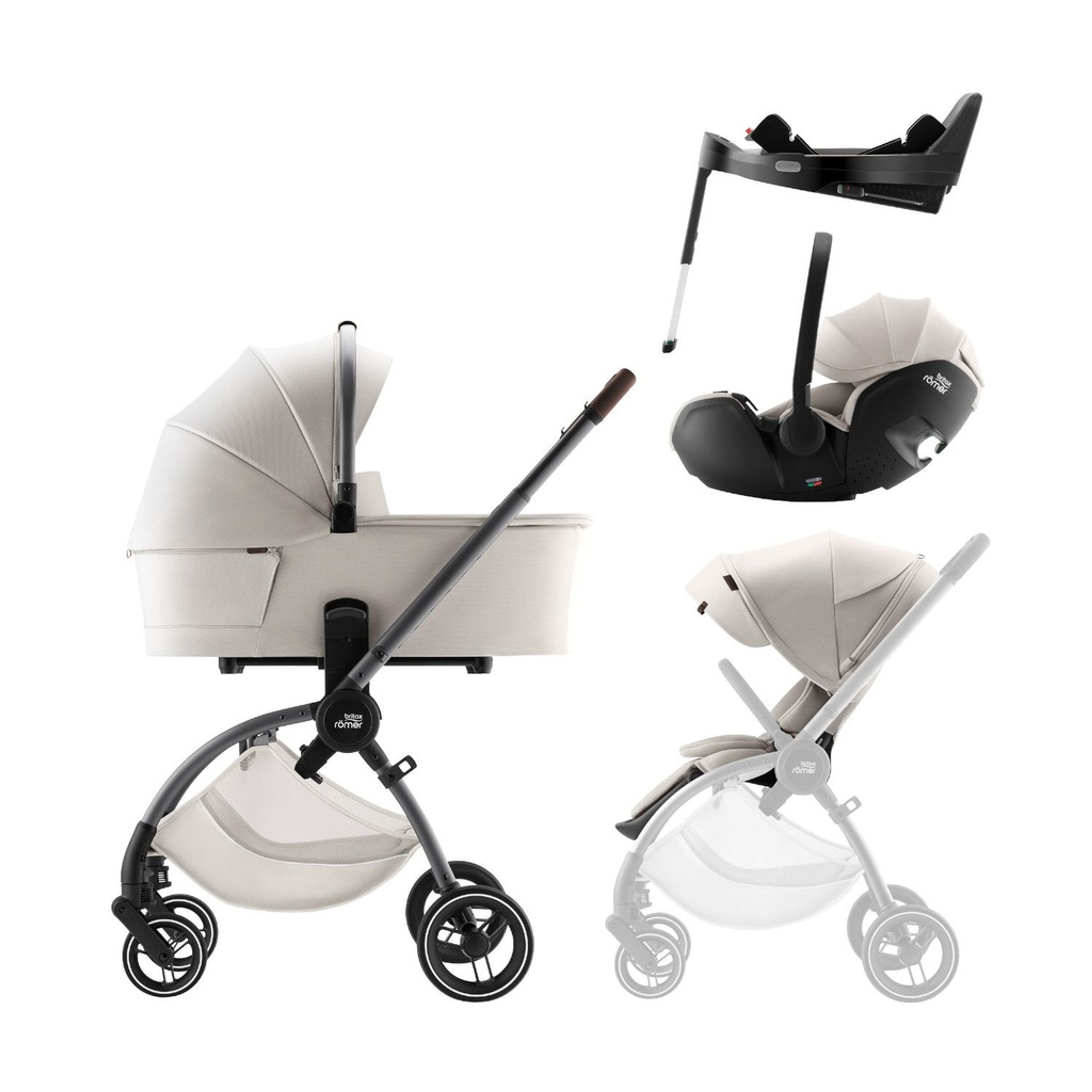 Britax Römer Stroller + Rio Carrycot + BabySafe Pro Infant Car Seat + Vario Lux Base Soft Taupe
