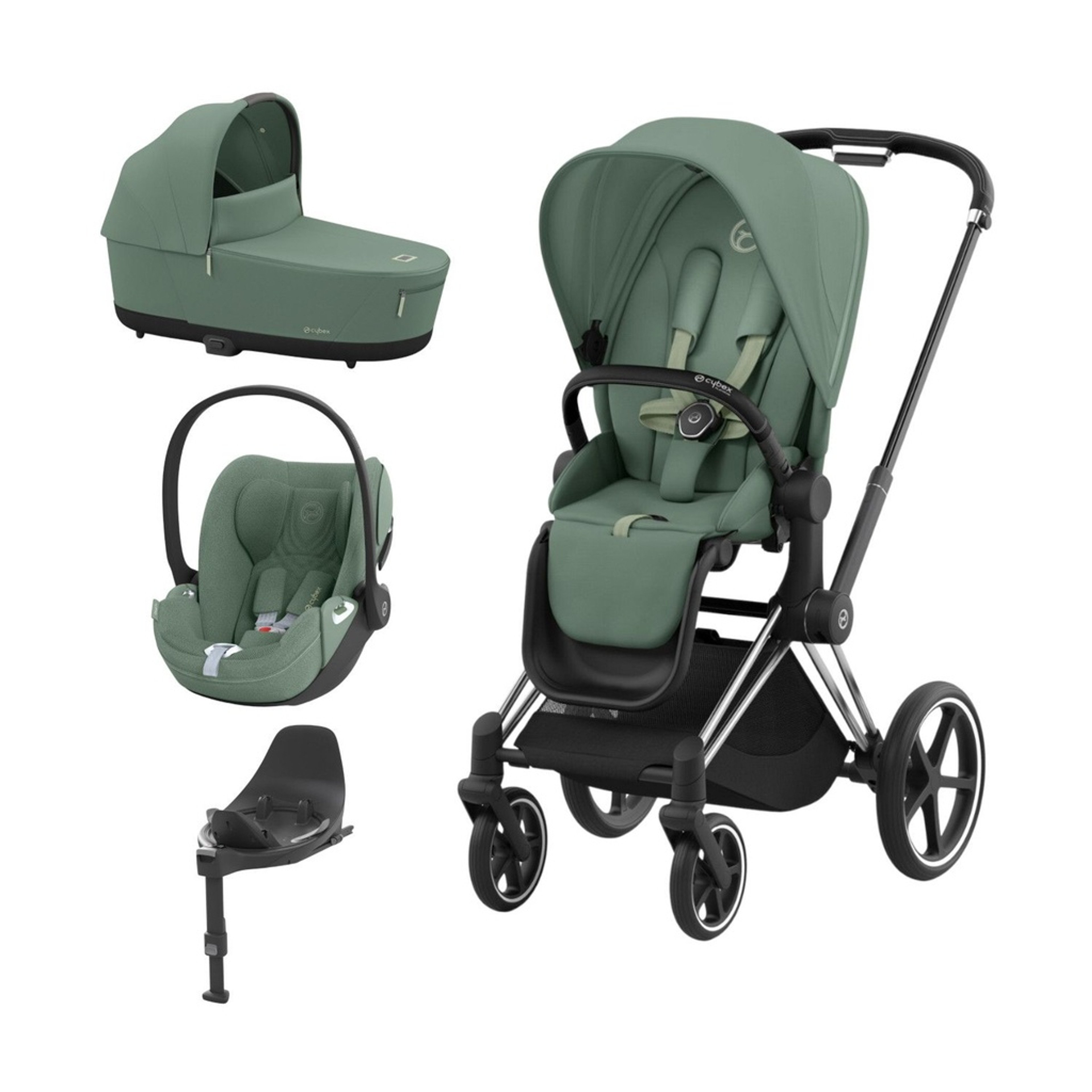 Cybex Trio PRIAM NG Chrome Black + Carrycot + Isofix Base + CLOUD T i-Size Leaf Green