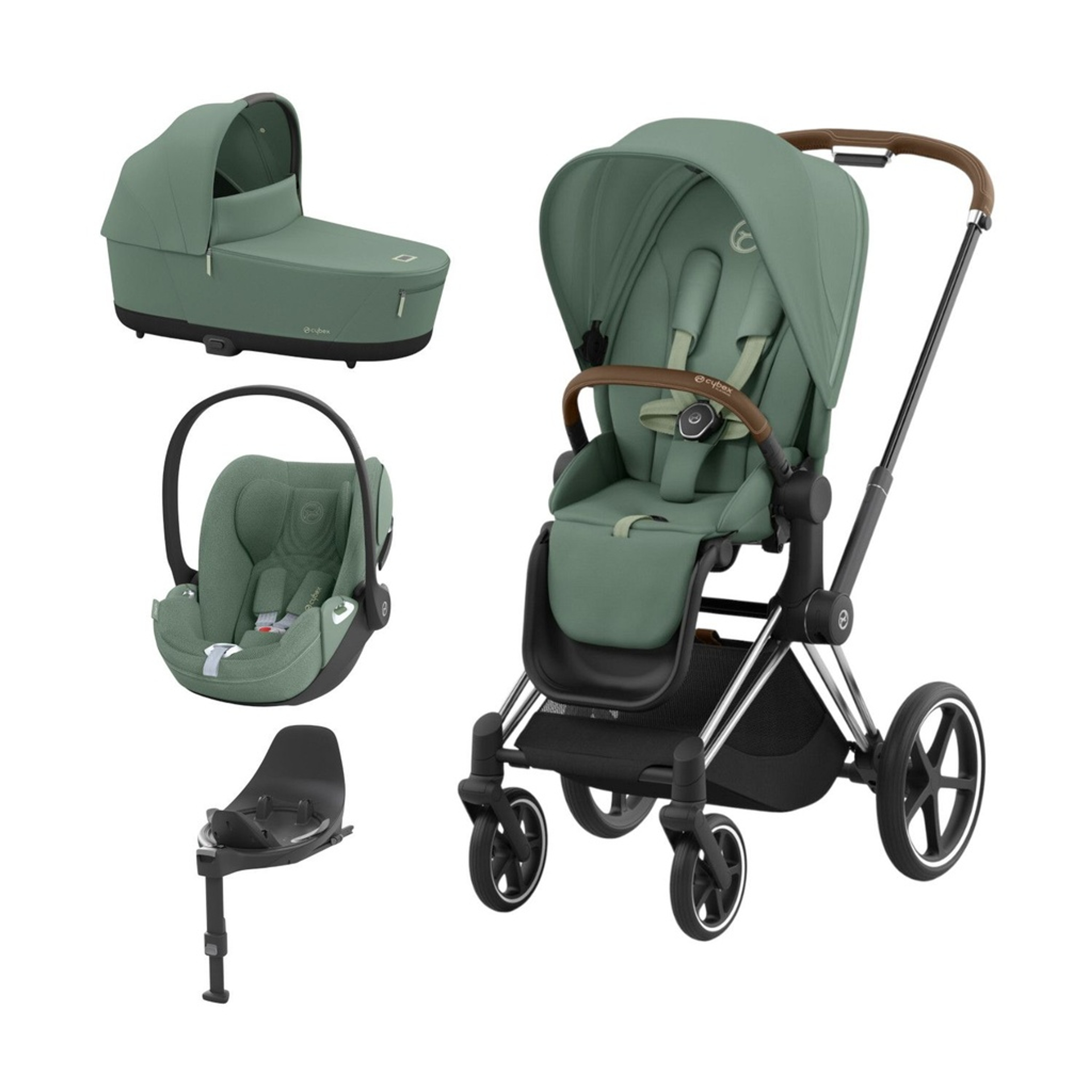 Cybex Trio PRIAM NG Chrome Brown + Carrycot + Isofix Base + CLOUD T i-Size Leaf Green