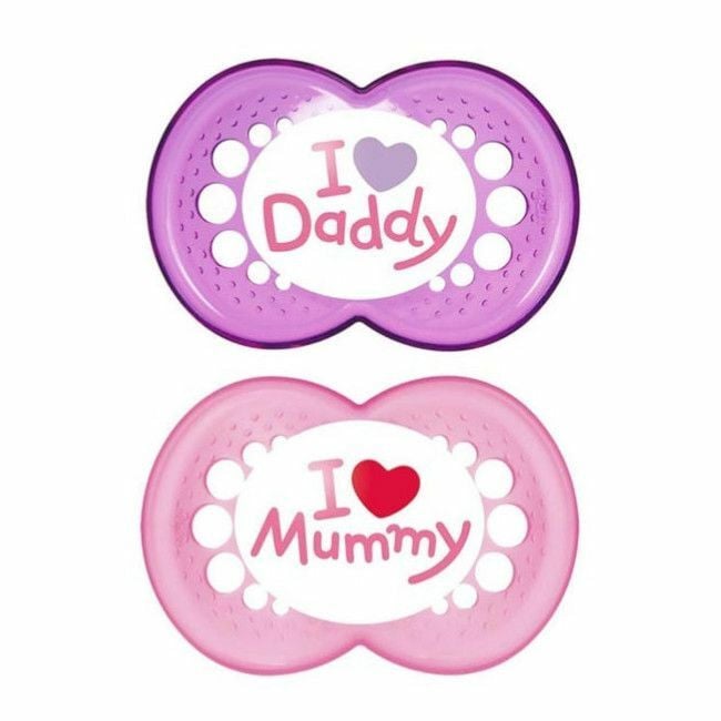MAM 2 Style Silicone Soothers I Love Mummy/Daddy Pink +6M