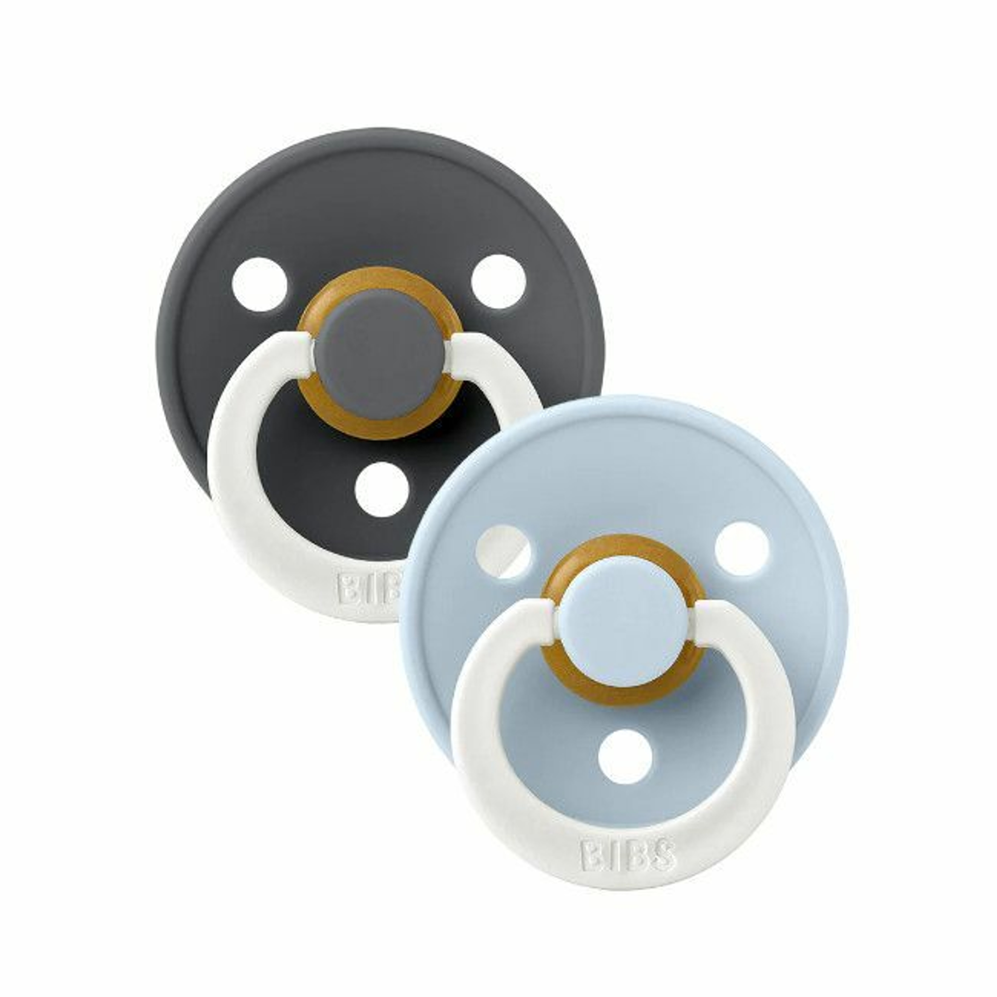 BIBS 2 Chupetas Colour Glow Látex Redonda Iron/Baby Blue 6-18M