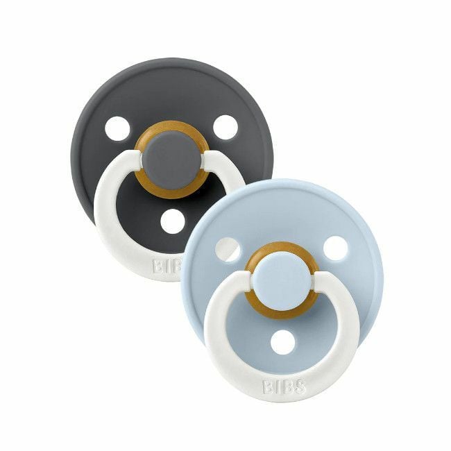 BIBS 2 Chupetas Colour Glow Látex Redonda Iron/Baby Blue 6-18M