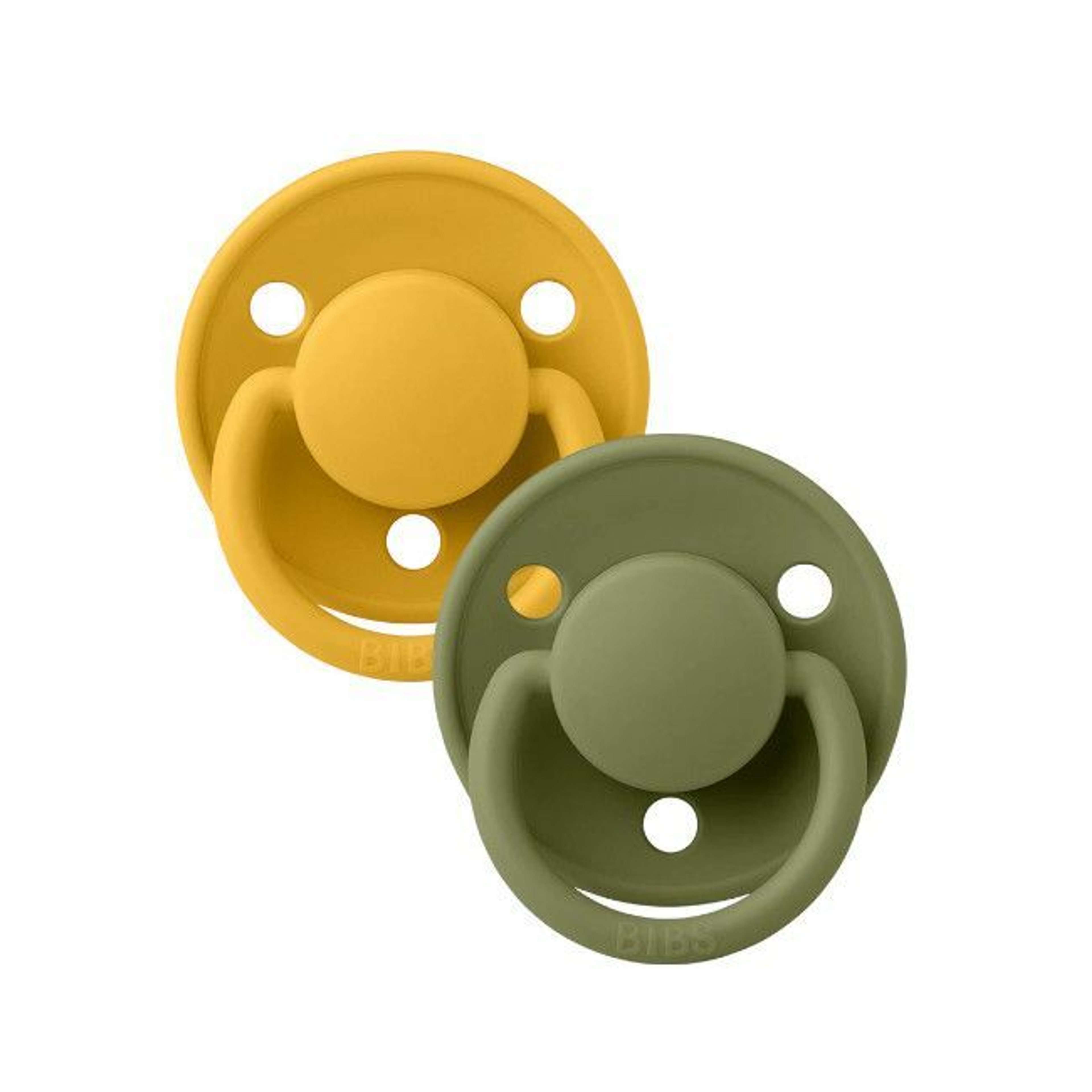 BIBS 2 De Lux Round Silicone Dummies Honey Bee/Olive 0-3Y