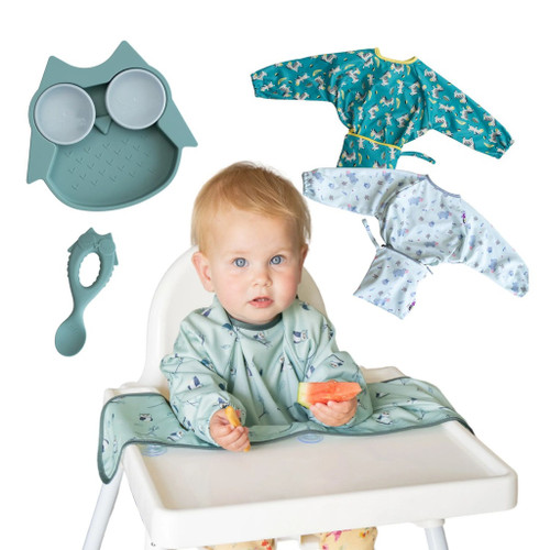 Tidy Tot 3 Cover & Catch Bibs + Spoon + Silicone Plate Owl WKS2CCOW