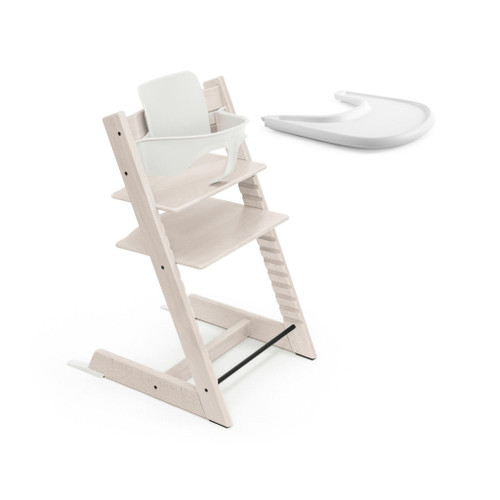 Stokke Tripp Trapp Beech Whitewash Chair + Baby Set 2 + Tray White