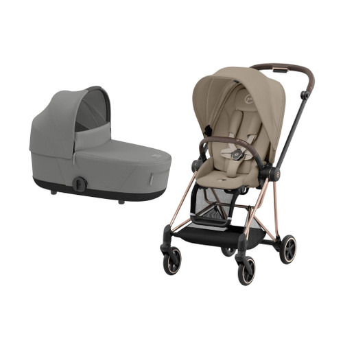 Cybex MIOS NG Rosegold Cozy Beige Pushchair + Lux Carry Cot Mirage Grey