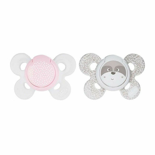 Chicco 2 Physio Comfort Soothers Raccoon & Confetti Pink 0-6M