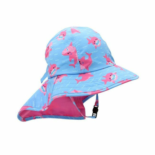 Zoocchini Chapéu de Abas Proteção UPF50 Tubarão Rosa 6-24M ZOO-015-019 Zoocchini Flap Sun Hat UPF50 Pink Shark 6-24M ZOO-015-019