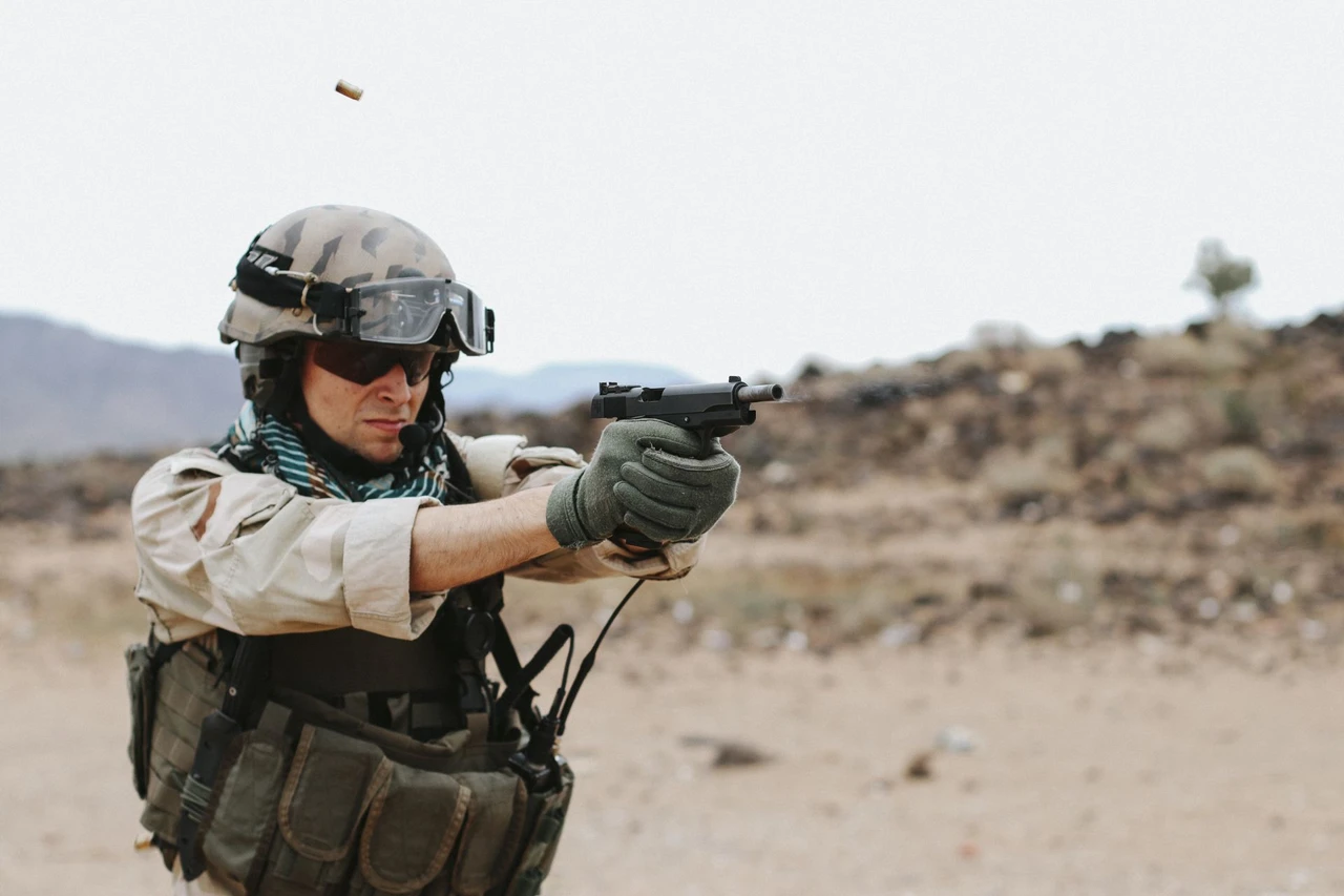 Lifestyle | 1911 Duty | firing, brass in the air, helmet and goggles