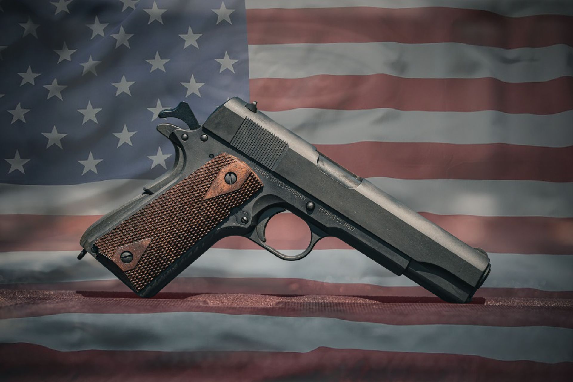 Tisas 1911A1 photographed against the American flag