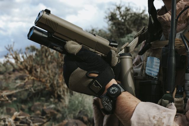 Tisas Duty Raider, FDE with a weapon light, presented