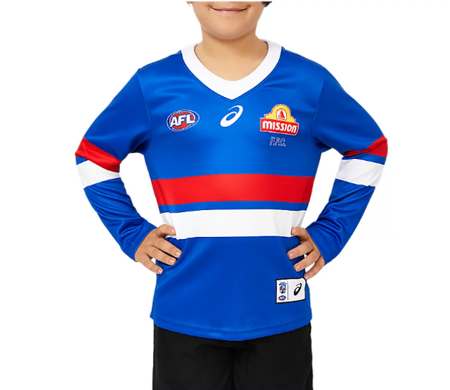 Unisex WESTERN BULLDOGS INDIGENOUS REPLICA GUERNSEY - YOUTH, Electric Blue, Kids AFL Clothing