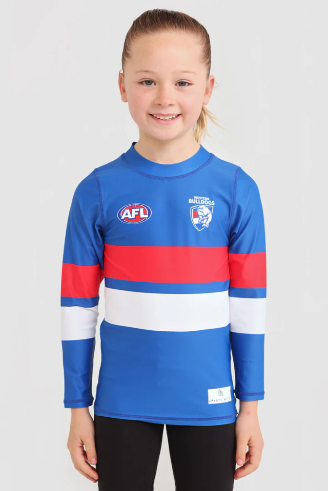 Unisex WESTERN BULLDOGS INDIGENOUS REPLICA GUERNSEY - YOUTH, Electric Blue, Kids AFL Clothing