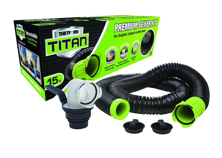 Thetford 07858 (Superseded by 50329) Titan® Sewer Hose Kit – 15 Ft, 3" TPE Hose with Revolve Adapter, Black/Green