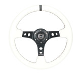 NRG Reinforced Steering Wheel (350mm/3in. Deep) White Leather w/Blk Spoke/Round Holes/White Stripes