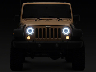 Raxiom 07-08 Jeep Wrangler JK Hi Output LED Headlights/Angel Eye DRL- Black Housing- Clear Lens