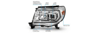 Raxiom 05-11 Toyota Tacoma Axial Series Switchback Proj Headlights- Chrome- Clear Lens