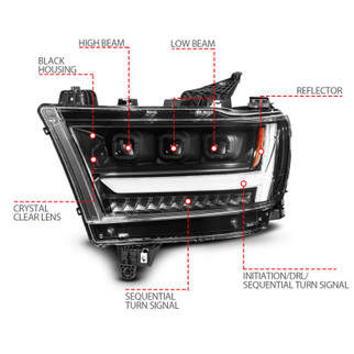 ANZO 19-24 RAM 1500 (New Body/OE Halogen) Full LED Proj Headlights DRL/SeqSig Black - Pass. Side