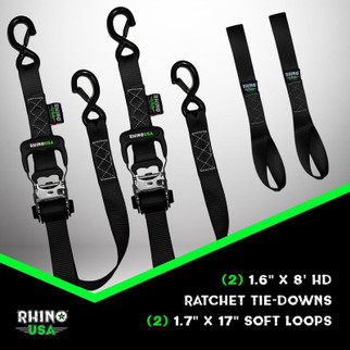 Rhino USA Heavy Duty Ratchet Tie-Downs 2-Pack (Green) 1.6In X 8Ft