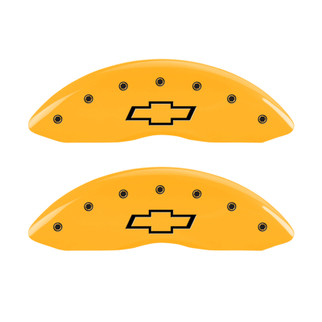 MGP 2 Caliper Covers Engraved Front Bowtie Yellow Finish Blk Char 05 Chevy Silverado 1500