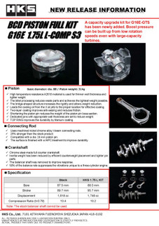 HKS BCD Piston Kit G16E 1.75L L-Comp S3 D88