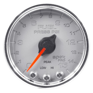Autometer Spek-Pro Gauge Fuel Press 2 1/16in 15psi Stepper Motor W/Peak & Warn Slvr/Chrm